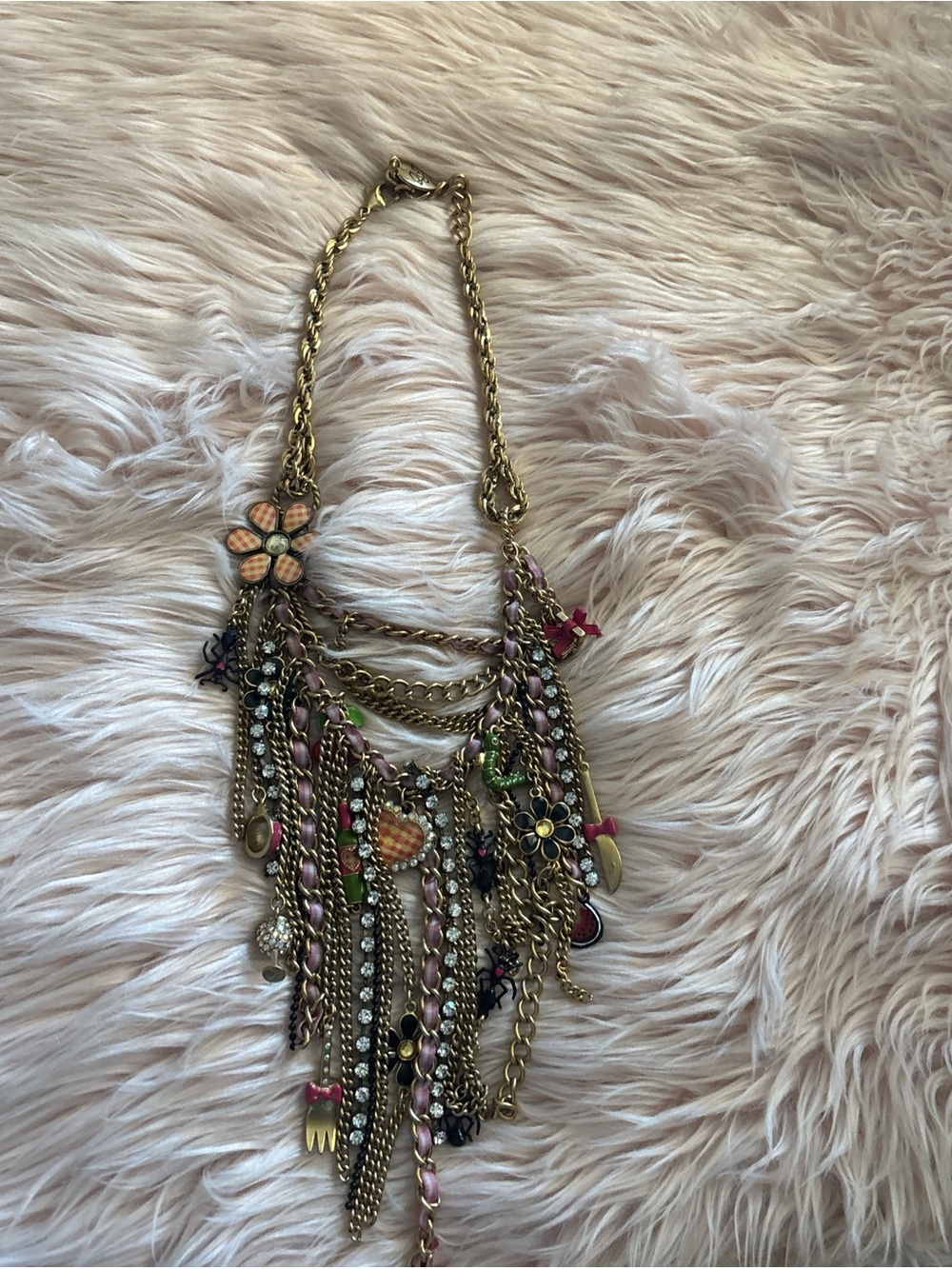 Betsey Johnson Gold-Tone Multicolor Floral Charm Fringe Necklace
